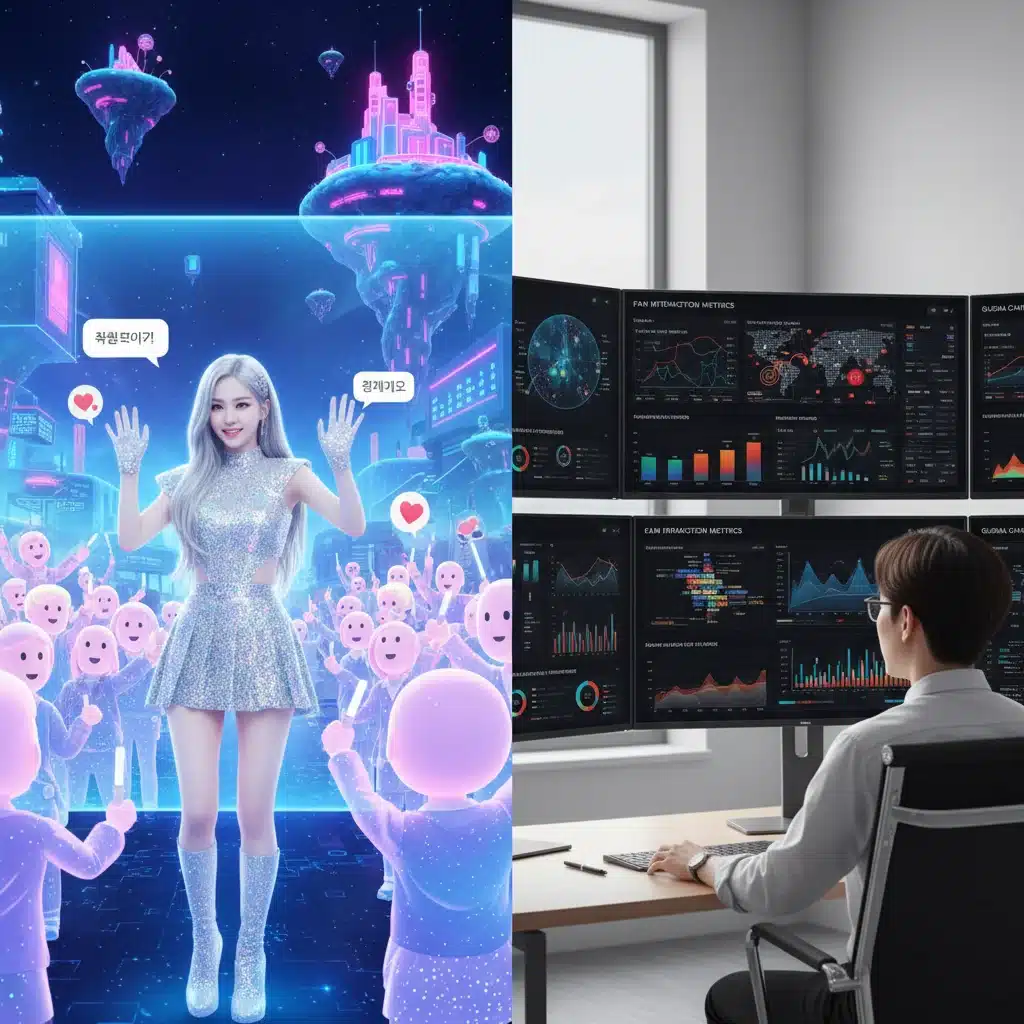 K-Pop idol in metaverse interacting with fans, alongside a data analyst, illustrating digital fan engagement and data strategy.