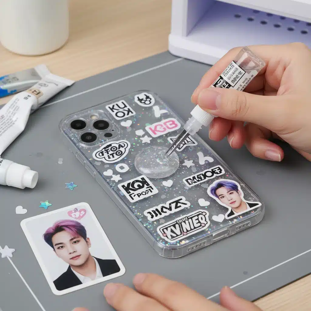 Person decorating a K-Pop themed phone case with stickers and glitter.