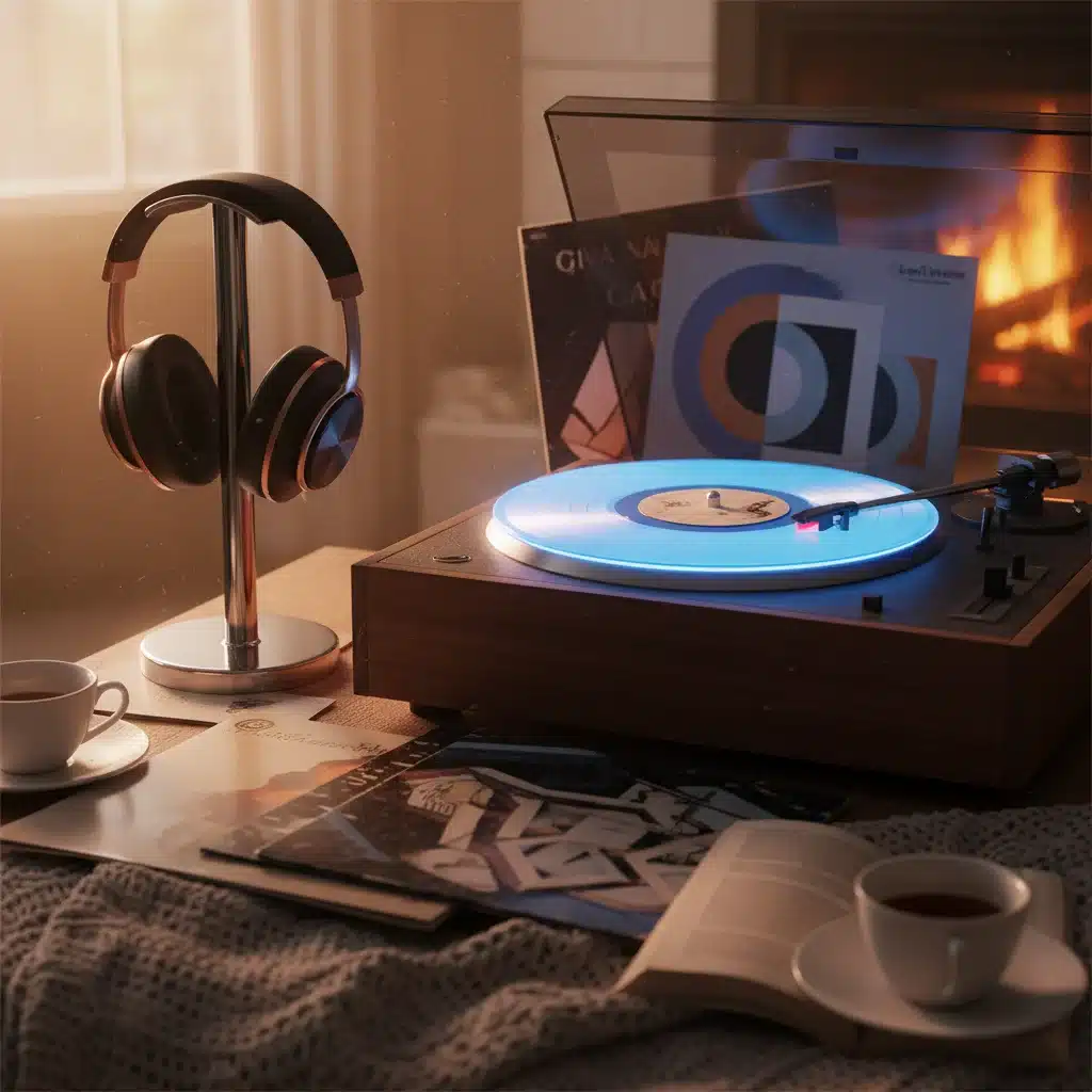 Vintage record player spinning a glowing vinyl, symbolizing music discovery