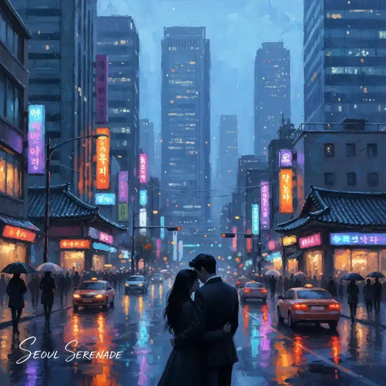 Seoul Serenade movie poster with a romantic couple against a neon city backdrop