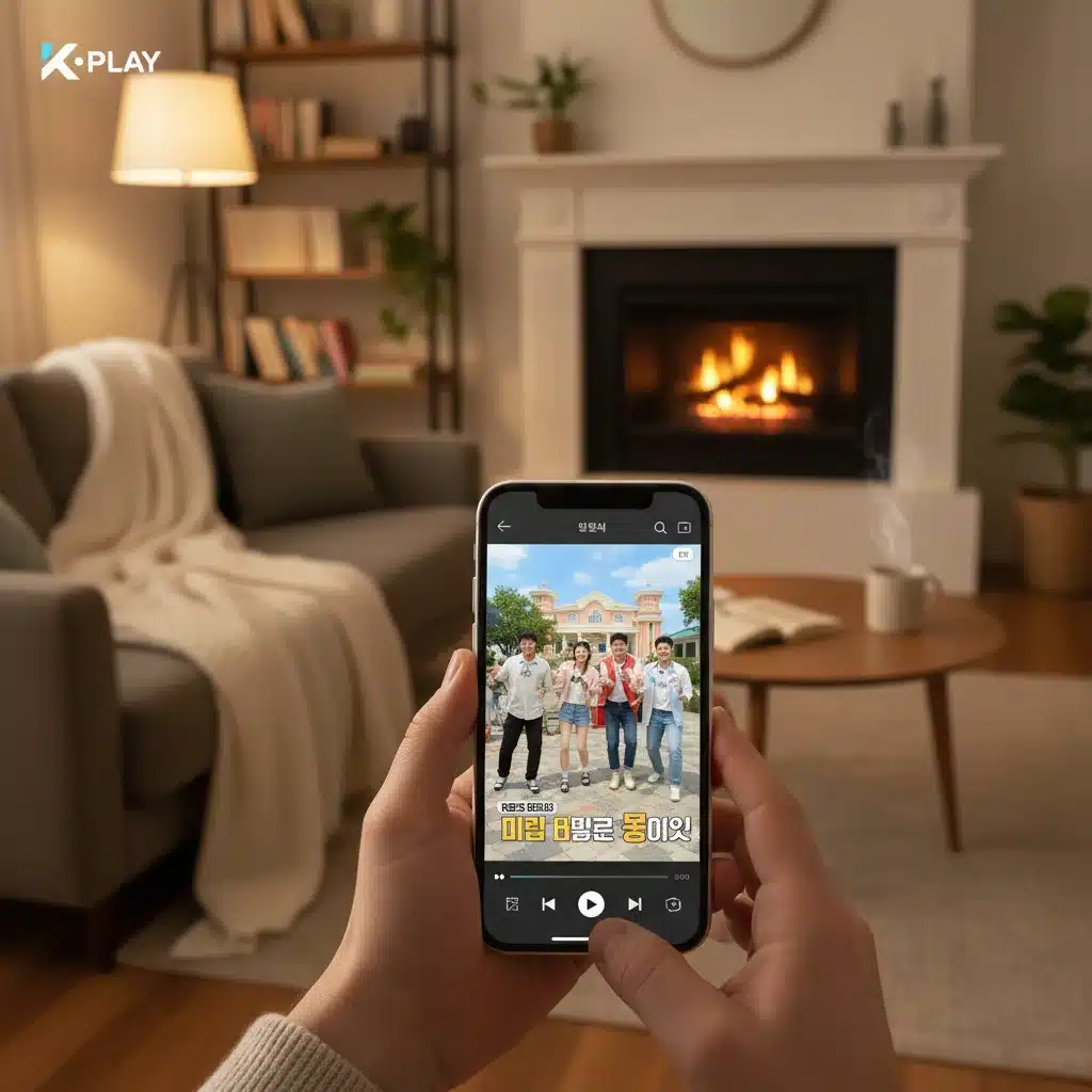 Hands holding a smartphone streaming a Korean variety show in a cozy living room.