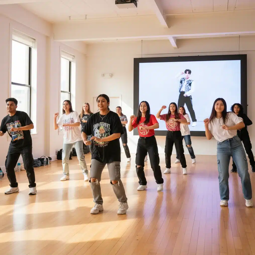 Diverse U.S. fans learning K-Pop dance choreography in a workshop, showcasing localized content and community building.