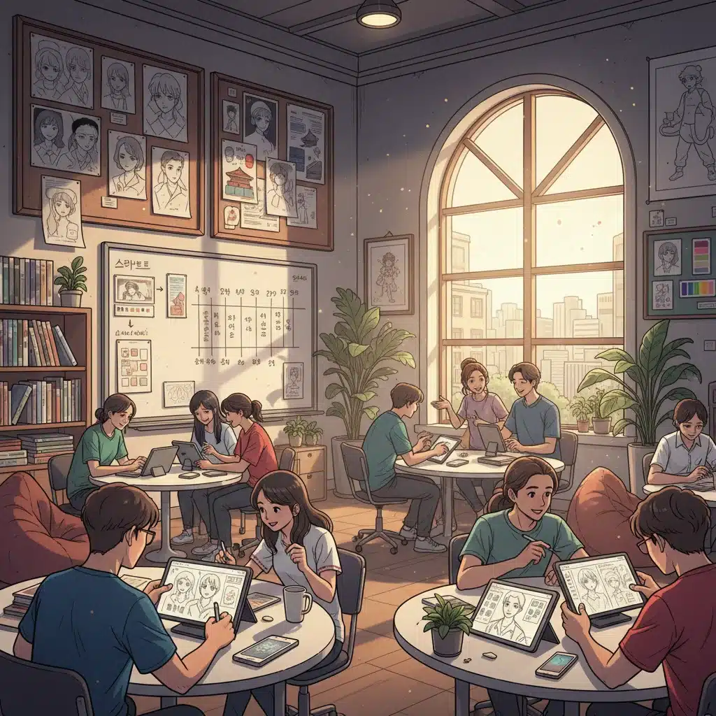 Webtoon artists collaborating in a studio, showcasing the creative process behind popular digital comics.