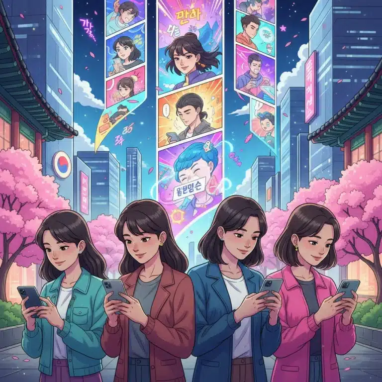 Diverse readers immersed in webtoons on digital devices, showcasing the global appeal of Korean digital comics.